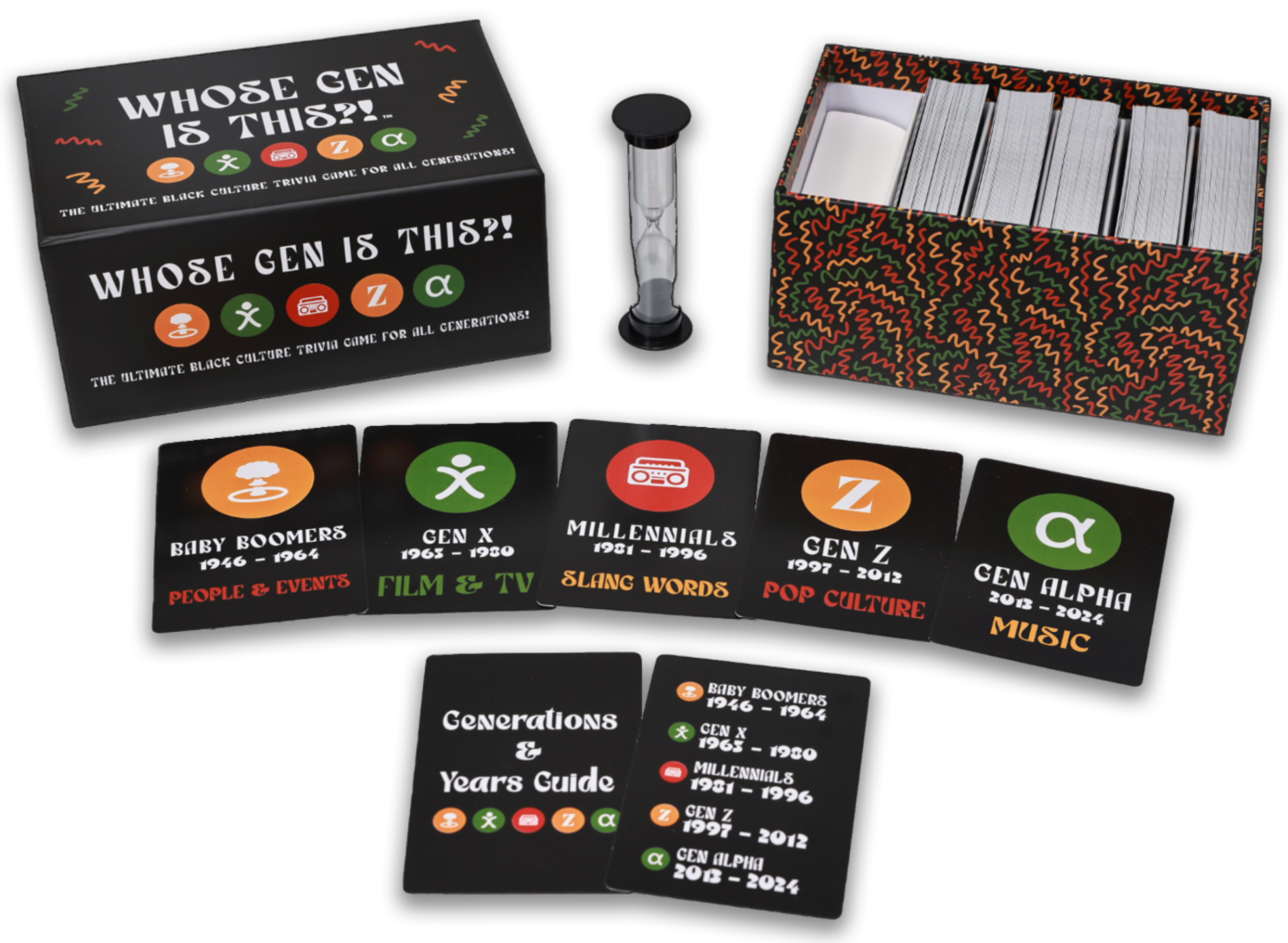 Board game components including cards and a box on a white background